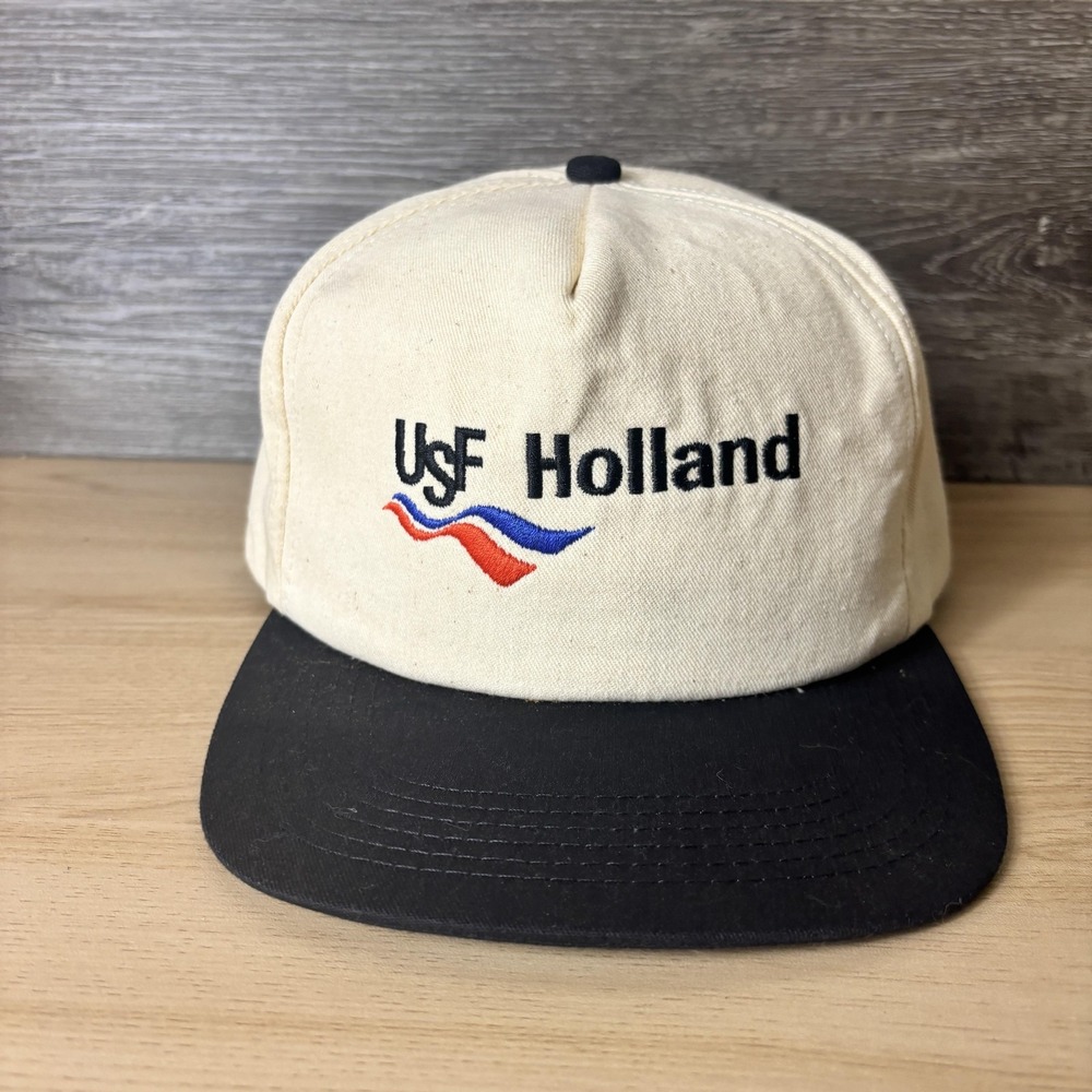 VINTAGE USF Holland Hat Cap Snap Back Cream Black Canvas K-Products Mens 90s